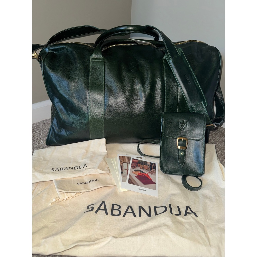 Sabandija Leather Hunter Green Weekender Duffle Tote Bag Phone Holder Set Lux